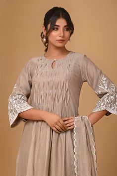 Beige pintuck pleated yoke kurta with floral embroidered sleeve. Paired with coordinating pant, inner lining and embroidered dupatta. - Aza Fashions Embroidered Dupatta, Embroidery Floral, Pants Pattern, Pant Set, Pin Tucks, Set For Women, Aza Fashion, Jaipur, Floral Embroidery