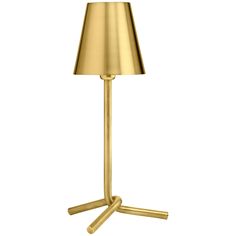 a gold table lamp with two legs and a light shade on it's base