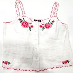 This Is A Ladies J Crew Embroidered Linen Sleeveless Crop Top Blouse With Scalloped Adjustable Straps And Hem In A Size 10. Adorable On Its Own Or Under A Blazer. 11" Long From Armpit. White Embroidered Tank Top For Spring, Fitted White Tank Top With Floral Embroidery, White Fitted Tank Top With Floral Embroidery, Spring White Tank Top With Floral Embroidery, White Embroidered Summer Top, White Floral Embroidery Tank Top For Spring, Red Sleeveless Tops With Floral Embroidery, Red Sleeveless Top With Floral Embroidery, Summer White Embroidered Top