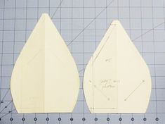 two pieces of paper cut out to look like pears on a cutting board with measurements for each piece