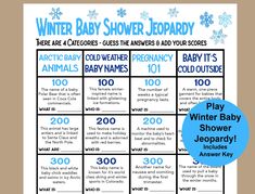 a winter baby shower game with snowflakes on it