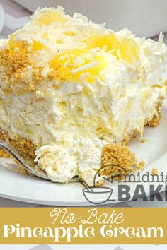 no bake pineapple cream pie on a white plate with the title above it