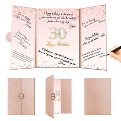 someone is writing on the inside of a pink birthday card with gold foil and confetti