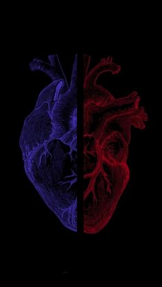 an image of two hearts in the dark and one with red, blue, and black colors