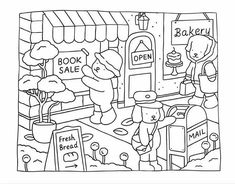 a black and white drawing of a store with teddy bears