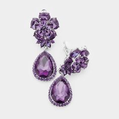 Flower Purple Crystal Teardrop Dangle Clip on Earrings by Miro Crystal Collection Greta Silver, Purple Dangle Earrings, Pageant Earrings, Formal Earrings, Crystal Teardrop Earrings, Cocktail Earrings, Flower Purple, Prom Earrings, Amethyst Crystals