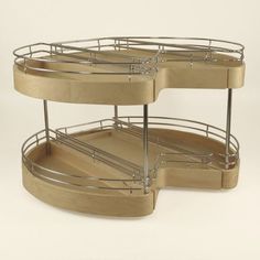 two tiered wooden trays with metal handles on each side and bottom shelves in the middle