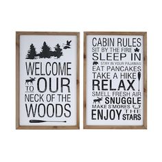 two framed signs that say welcome to the woods and welcome you to the campsite