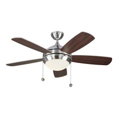 a ceiling fan with two wooden blades and a light on the bottom one is turned on