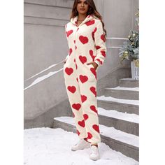 Embrace the festive spirit with our Christmas-themed hooded jumpsuit, featuring plush fabric and a loving heart print. This cozy and stylish piece seamlessly blends comfort with holiday charm, making it the perfect choice for a trendy and festive look during the autumn/winter season. Make a statement with this uniquely cheerful and comfortable jumpsuit. Hooded Jumpsuit, Outfit Inspo Spring, Jumpsuit For Women, Spring Break Outfit, Loving Heart, Festive Look, Early Spring Outfits, Red Jumpsuit, Y2k Outfits