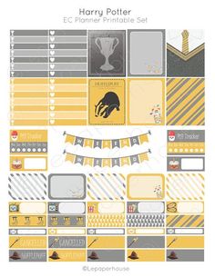 the harry potter planner printable set is shown in yellow, grey and white colors