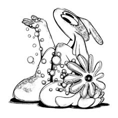 a black and white drawing of a shoe with flowers on the bottom, water droplets all around it