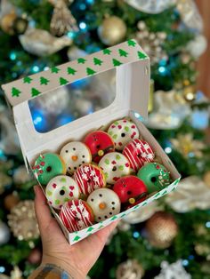 a hand holding a box full of decorated christmas cookies in front of a christmas tree