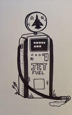 a drawing of a gas pump with a jet fuel sign on it's side