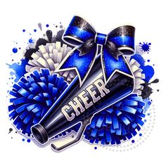 a blue and white cheer bow with pom poms in the center on a white background