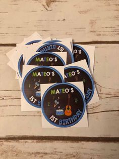 four stickers on top of each other with the name mateo's at birthday