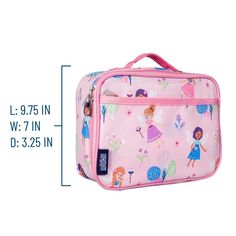 a pink lunch bag with princesses on it and measurements for the side pocket,