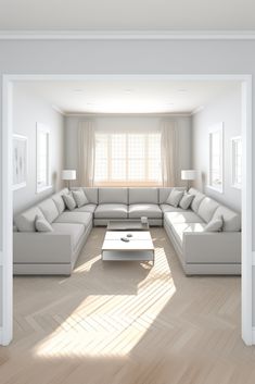 an empty living room with white furniture and wood flooring is seen in this image