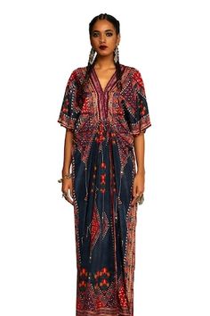 Charcoal grey kaftan featuring flared sleeves and a V neck with gathered waist, Fit: Relaxed Kaftan Pattern, Rajdeep Ranawat, Kaftan Women, Kaftan For Women, Embroidered Kaftan, Gray Silk, Flared Sleeves, Aza Fashion, Silk Printing