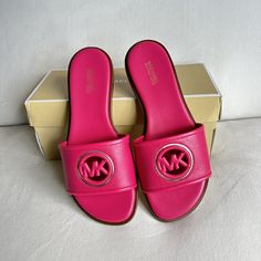 Michael Kors Deanna Cut Out Slide Matte Leather Electric Pink Size 7 Box Is A Little Torn But Will Ship Together With Its Box Michael Kors Leather Sandals With Cushioned Footbed, Leather Sandals With Logo For Spring, Spring Leather Sandals With Logo, Slip-on Sandals With Logo For Spring, Spring Slip-on Sandals With Logo, Michael Kors Pink Open Toe Sandals, Michael Kors Pink Round Toe Sandals, Spring Round Toe Sandals With Logo, Womens Slides