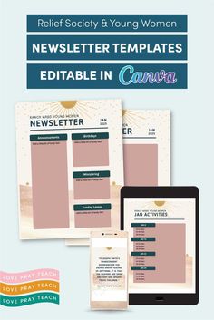 the news letter template is displayed on an ipad, tablet and phone screen with text that reads