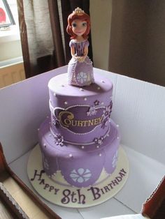 a purple birthday cake with a princess figure on top