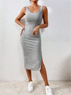 F00263670-205 Casual Maxi Length Bodycon Dress, Casual Bodycon V-neck Dress, Fitted Sundress With Side Slits, Sleeveless Gray Bodycon Dress, Casual Stretch Maxi Bodycon Dress, Casual Maxi Length Stretch Bodycon Dress, Casual Long Midi Dress With Side Slits, Casual Gray Stretch Maxi Dress, Fitted Gray Casual Maxi Dress