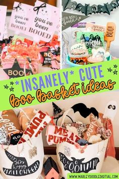 an assortment of halloween treats in buckets with the words insannely cute and boo - pocket ideas