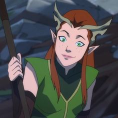 a woman with red hair and green eyes holding a stick