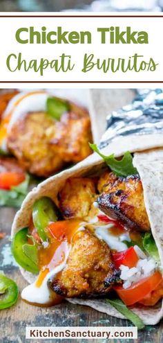 chicken tikka chapati burritos on a wooden table with text overlay