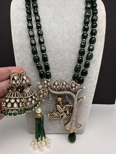 Krishna Mehndi Victorian Finish Light Green Monalisa Beads Necklace Moisanite AD Krishna Pendent comes with pretty Jhumkas. Double line beads Necklace. Mehndi Finish gives a copper tone to the Pendent and Earrings Highest quality and craftmanship. Satisfaction Guarantied. Necklace Length : 22 Inches;  Earring Length : 2 Inches Approx.  Push Back Ready to ship from Boston, Massachusetts. Free Shipping with in USA Delivery time 2-5 days. Natural semi precious Beads are used in the necklace, color and shape of beads may vary slightly. All pictures of the product are original and personally taken by us in natural light. Please let me know if you have any questions. Krishna Pendent, Krishna Mehndi, Krishna Necklace, Beads Collection, Necklace Indian, Precious Beads, Beaded Jewelry Designs, Semi Precious Beads, Temple Jewellery