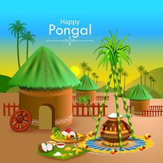 a happy pongal greeting card with an image of a hut and palm trees