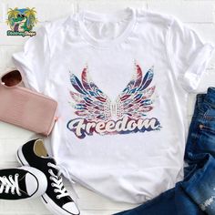 PRODUCT DETAILS: ✔️ TITTLE: Freedom Wings Shirt, Freedom shirt, Patriotic Tshirt, 4th of July Independence Tee, 4th Of July Sweatshirt, Freedom Tour Tee, America Tee ✔️ IMPORTANT NOTE: Both Men and Women can we our shirts because this is unisex style t-shirts;  Wash item inside out in cold water, do not bleach, do not dry clean, do not iron directly on the design. ✔️ MATERIAL: 5.3-ounce, 100% cotton (99/1 cotton/poly (Ash) & 90/10 cotton/poly (Sport Grey); Heavyweight classic unisex tee; Taped neck and shoulders; Tearaway label; Decoration type: Digital Print ✔️ OUR DESIGN PRODUCTS: Each One are designed and sold in limited quantities. The designs are created by our incredibly talented in house graphic art team who often hand draw and illustrate each Tee shirt design. ✔️ SIZE CHART: Please Freedom Shirts, Style T Shirts, Patriotic Tshirts, Tee Shirt Designs, Design Products, Sport T Shirt, Favorite Things Gift, Red White And Blue, Unisex Style