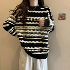 Women Trendy Casual Streetwear Oversized Y2K Thick Knitted Sweater Autumn Winter Striped Long Sleeve Pullover Tops Retro Jumpers SPECIFICATIONS Material: Acrylic Decoration: Spliced Pattern Type: Striped Fit Type: LOOSE Season: Autumn/Winter Sleeve Length(cm): Full Thickness: Thick Yarn Thickness: Heavy yarn [New In 20240826] Handbags For School, Acrylic Decor, Thick Yarn, Casual Streetwear, Square Bag, Striped Long Sleeve, Long Sleeve Pullover, Leather Women, Purses And Handbags