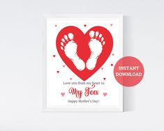 a valentine card with a heart and two baby feet on it, next to an instant printable