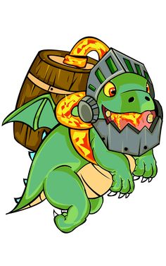 a cartoon green dragon with a helmet and goggles on it's head is carrying a barrel