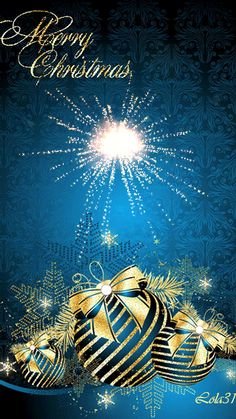 a blue and gold christmas card with two ornaments on the bottom, surrounded by snowflakes