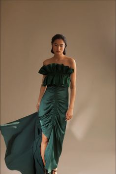 Green Gown - Arianne Elmy Green Prom Gown With Pleated Bodice, Green Ruched Bodice Evening Dress, Green Ruched Gown For Party, Green Gown With Ruched Bodice For Prom, Green Prom Gown With Ruched Bodice, Green Ruched Floor-length Evening Dress, Green Silk Maxi Dress With Pleated Bodice, Green Dress With Ruched Bodice For Prom, Green Ruched Bodice Dress For Prom Season