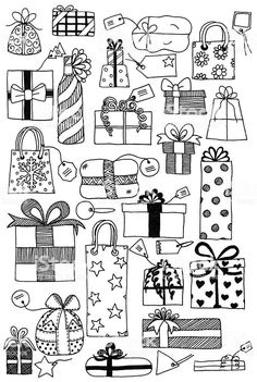 a black and white drawing of presents