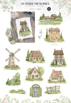 some watercolor drawings of houses and windmills