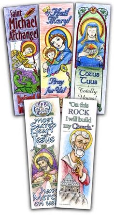 Plant some seeds of wisdom in your children’s fertile imagination with this clever set of 15 illustrated bookmarks! Each set contains an assortment of 5 different 3" x 8" designs. The bookmarks are printed on durable white cardstock in black ink and are meant to be colored with crayons, colored pencils, or markers.  Use them as rewards, or have your children color, laminate and give them as gifts!
Recommended for ages 3 and up. Mater Amabilis, Illustrated Bookmarks, Catholic Kids Crafts, Religion Activities, Catholic Schools Week, Catholic Education, Catholic Crafts, Coloring Bookmarks, Faith Formation