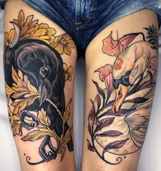 two women with tattoos on their legs, one has a bird and the other has flowers