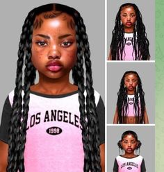 the girl with long braids is wearing a los angeles t - shirt and has four different