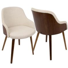 two white and brown chairs sitting next to each other