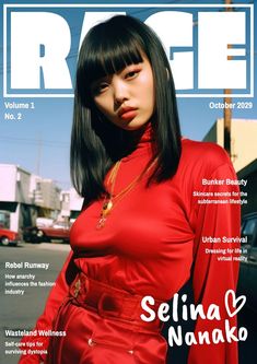 a magazine cover with a woman in a red dress