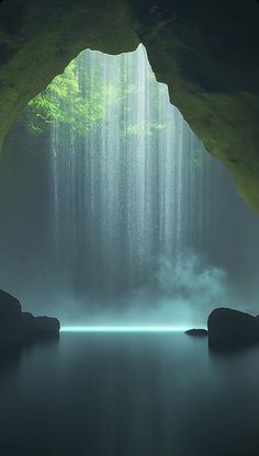 an image of a cave in the middle of water with light coming from it's entrance