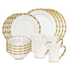 white and gold dinnerware with bamboo rims