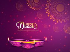 happy diwali background with candles on purple and gold color scheme for diwali festival