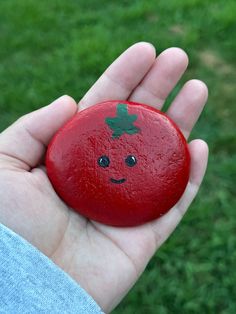 a hand holding a red rock with a smiley face painted on it's side