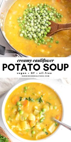 two bowls filled with potato soup and peas